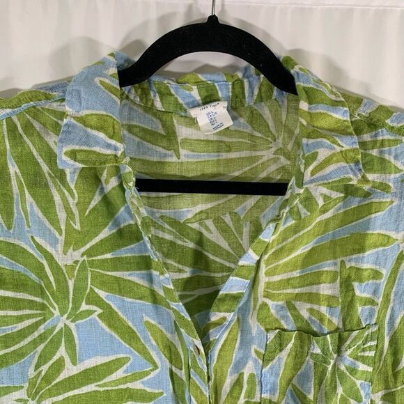 Sigrid Olsen 100% Linen Blouse Women's Large Green Blue Floral Button Up Short S - Picture 3 of 7